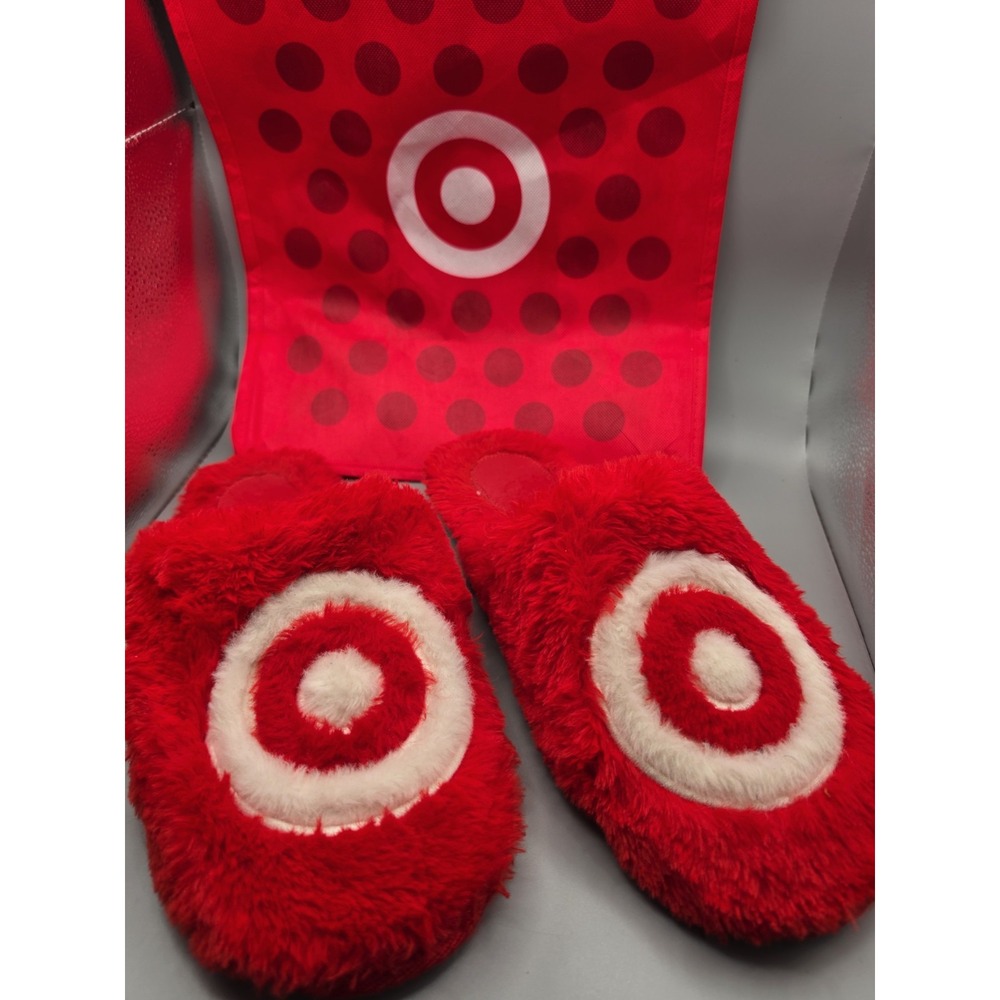 Target Bullseye Plush Slippers Womens XL 11/12 + Red Reusable Bag Bundle